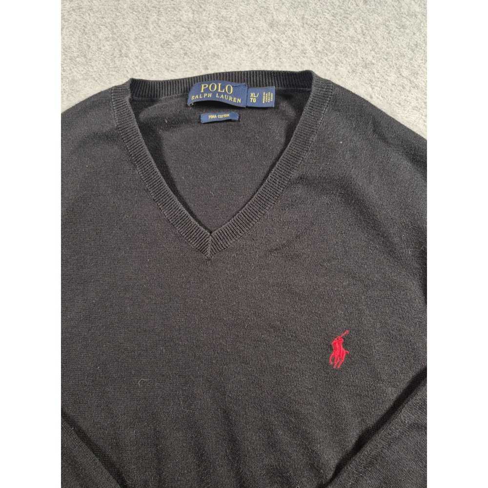 Polo Ralph Lauren Mens Black V Neck Pima Cotton Sweater XL Red Pony Logo - Picture 2 of 5